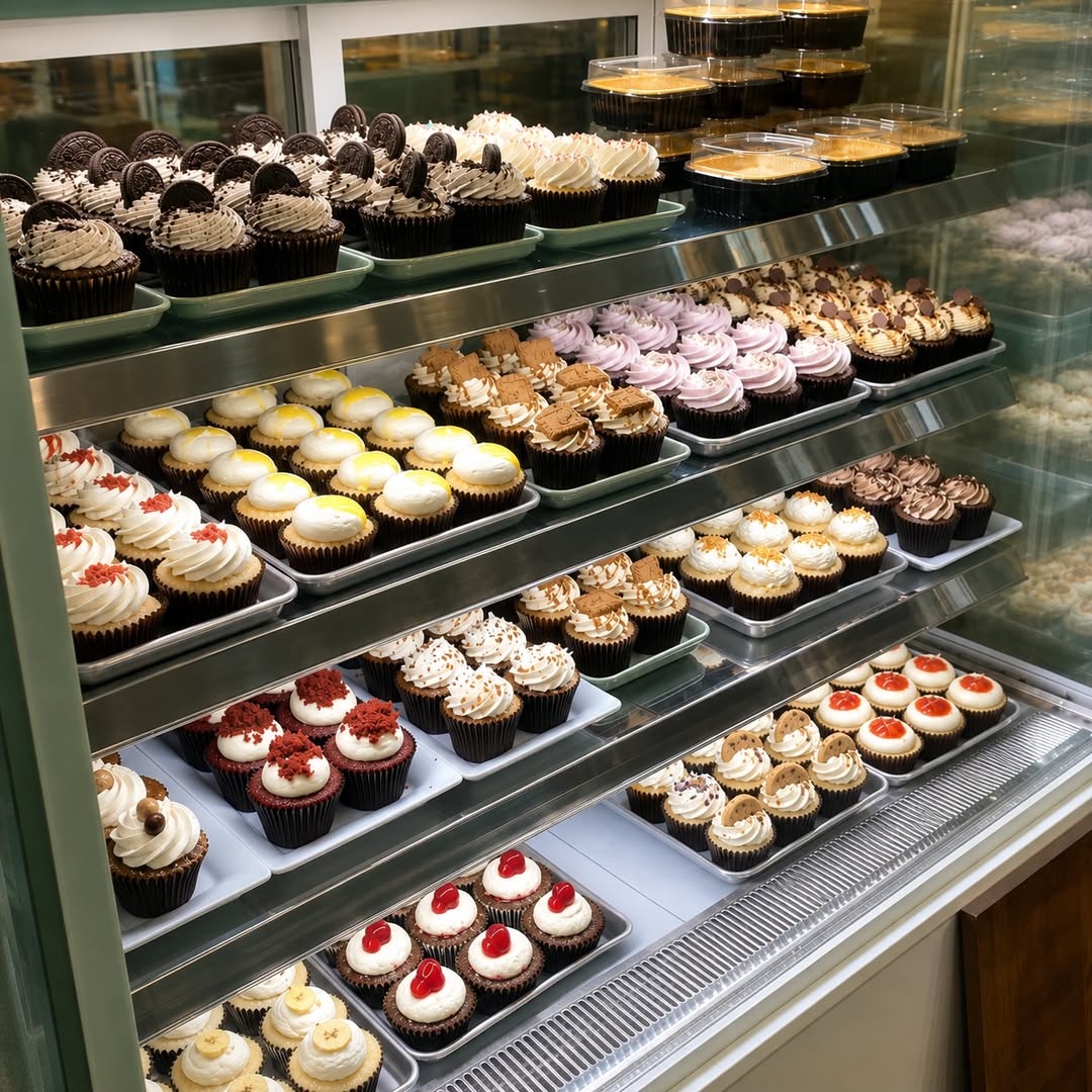 Rows of cupcakes at Aurora Bakery